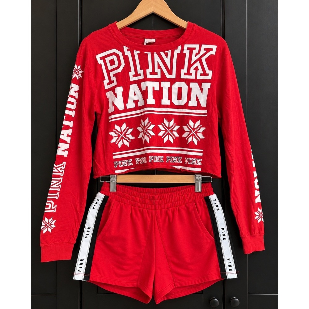 PINK Victoria's Secret Red Holiday Snowflake Crop Top & Shorts Set XS